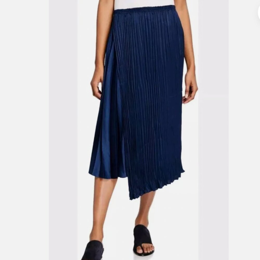 Vince Navy Blue Asymmetrical Pleated Midi Skirt